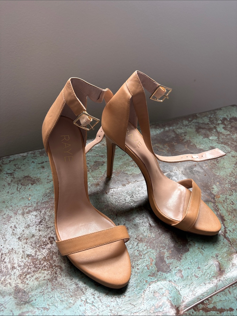 RAYE Tan Ankle Strap Stiletto Heels size 8